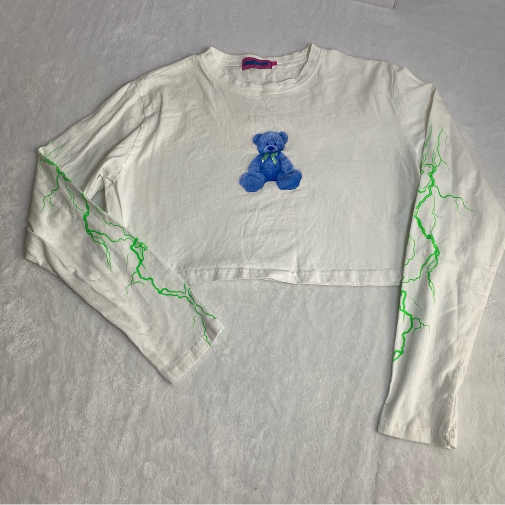 Edikted White Long Sleeve Crop Top with Blue Bear and Green Accents Size L
